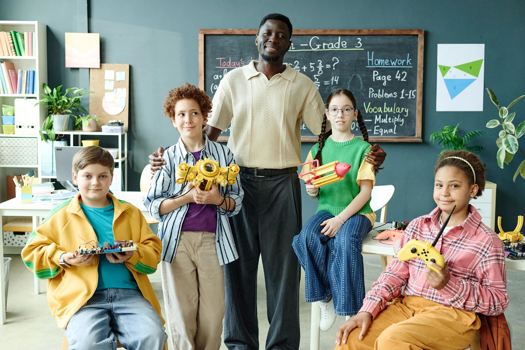 Teacher guiding diverse students during a classroom presentation